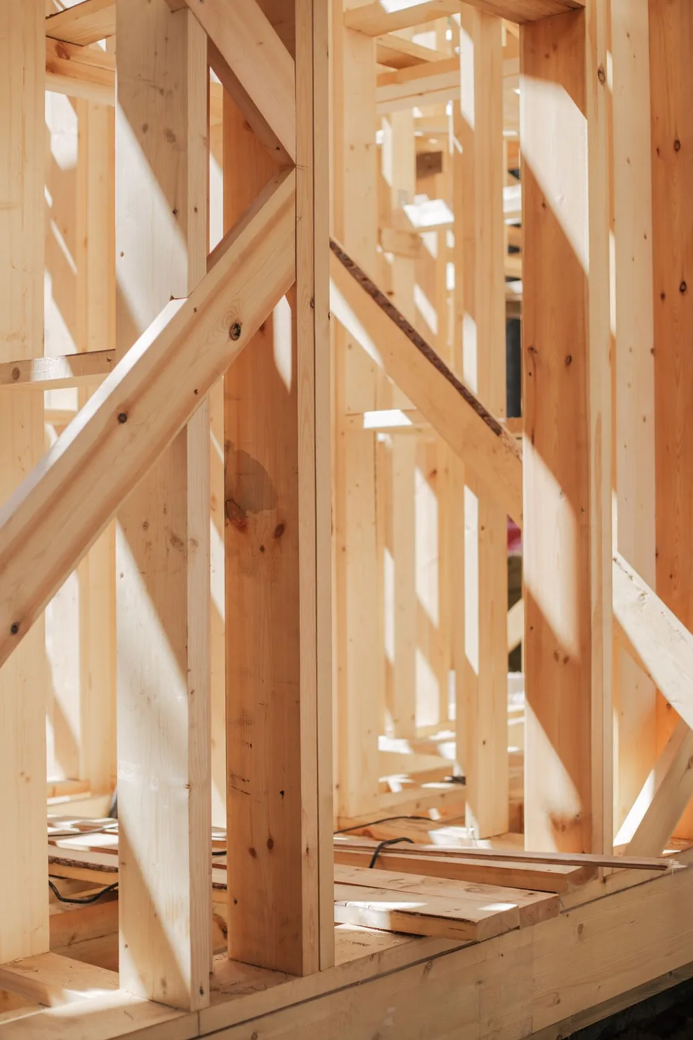 Sunlit wood wall framing with diagonal bracing